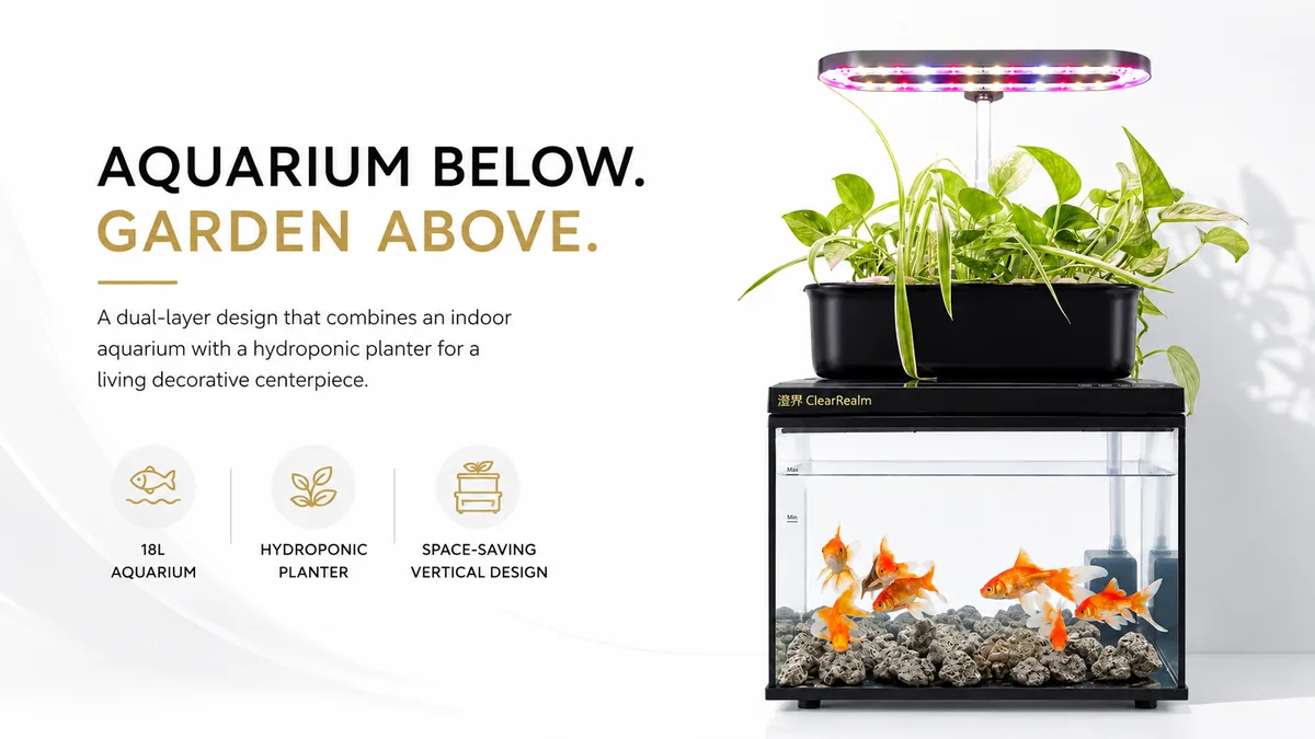 Aquarium below garden above dual-layer design