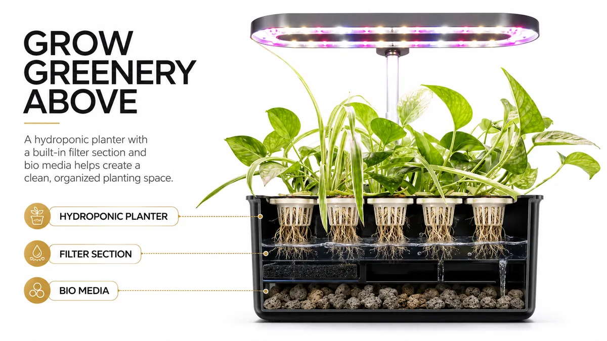 Hydroponic planter with filter section and bio media